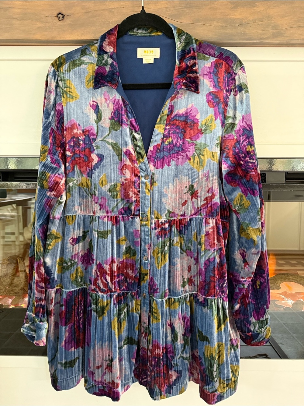 Maeve Blue Floral Velvet Tiered Mini Dress / Tunic Anthropologie